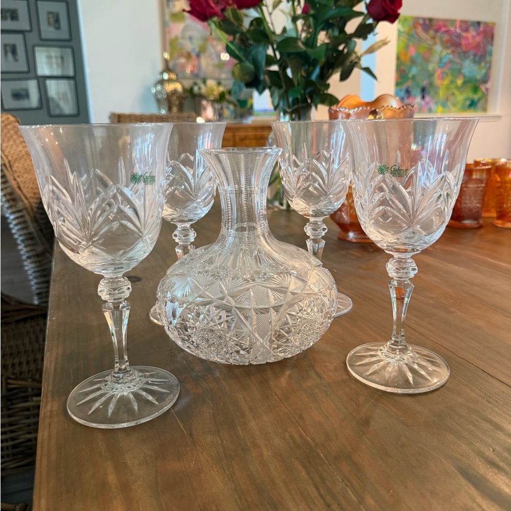 Crystal Wine Glasses and Decanter Set - Clear Cut Glass